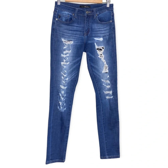 KanCan Medium Wash Blue Distressed Ripped Mid Rise Skinny Jeans Size 26/5 - Picture 2 of 12